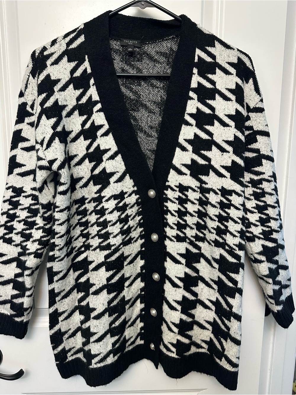 Talbots Black & White Houndstooth Pearl-Button Cardigan Petite Medium